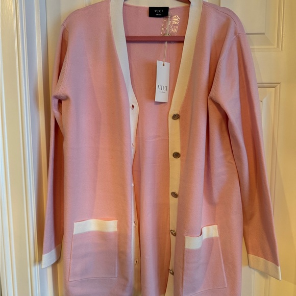 VICI Brand Cecily Pink and White Mini Dress with Matching Cardigan - Picture 3 of 7